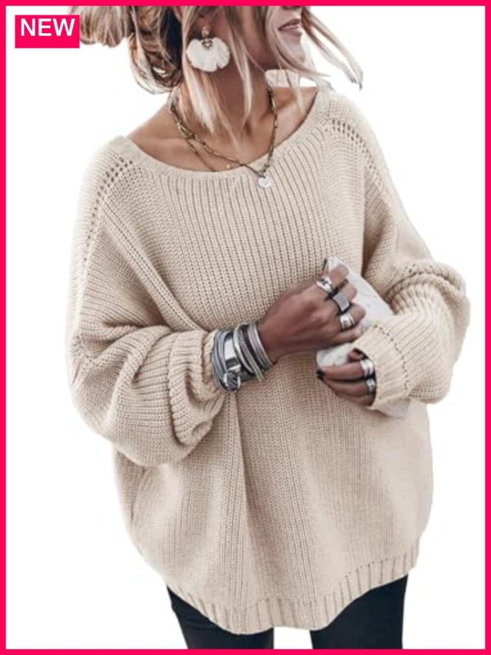 Oversized 100% Cotton Long Sleeve Knit Pullover Sweater Crew Neck Loose Fit